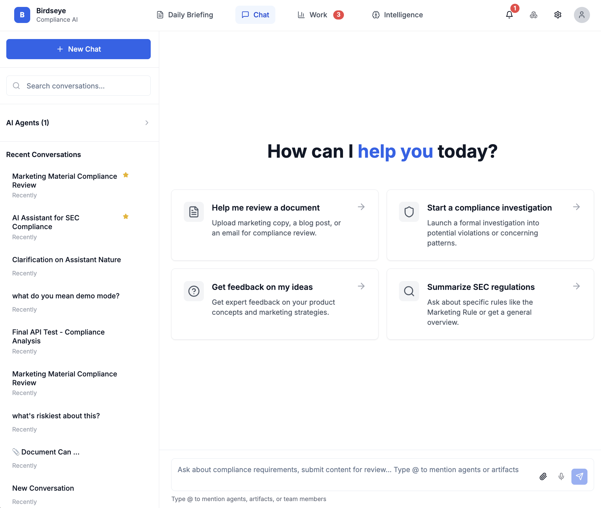 Trillions compliance AI dashboard showing chat interface with compliance workflows